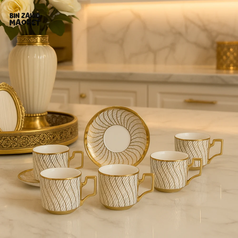 LUXURY GOLD-LINED TEA CUP & SAUCER SET – 6 PCS PREMIUM PORCELAIN COFFEE SET FOR  KITCHEN DISPLAY