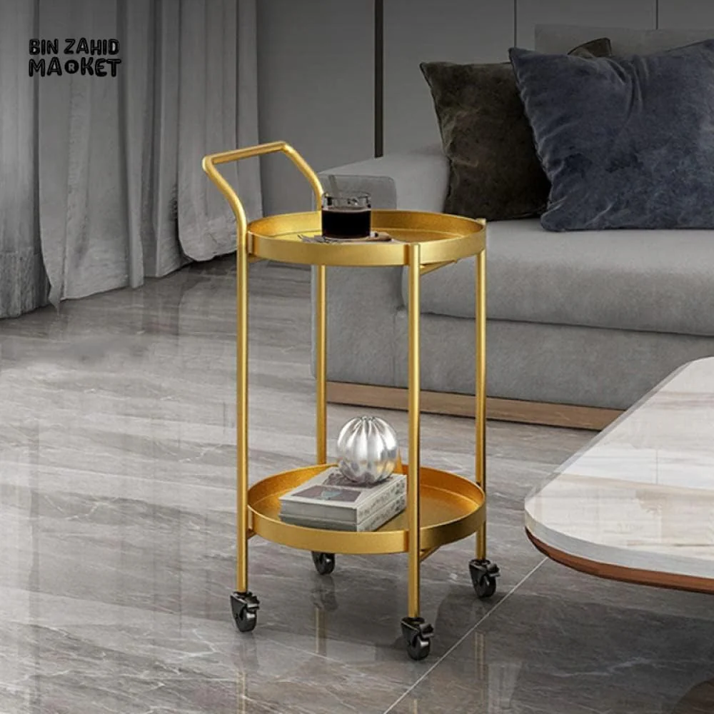LUXURY GOLD METAL SERVING CART – MODERN ROUND BAR TROLLEY WITH WHEELS FOR LIVING ROOM & SALON - Image 3