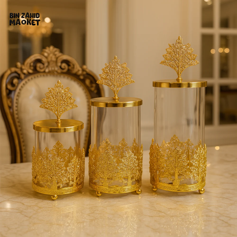 LUXURY GOLD ORNATE STORAGE JAR SET FOR DINING TABLE DECOR
