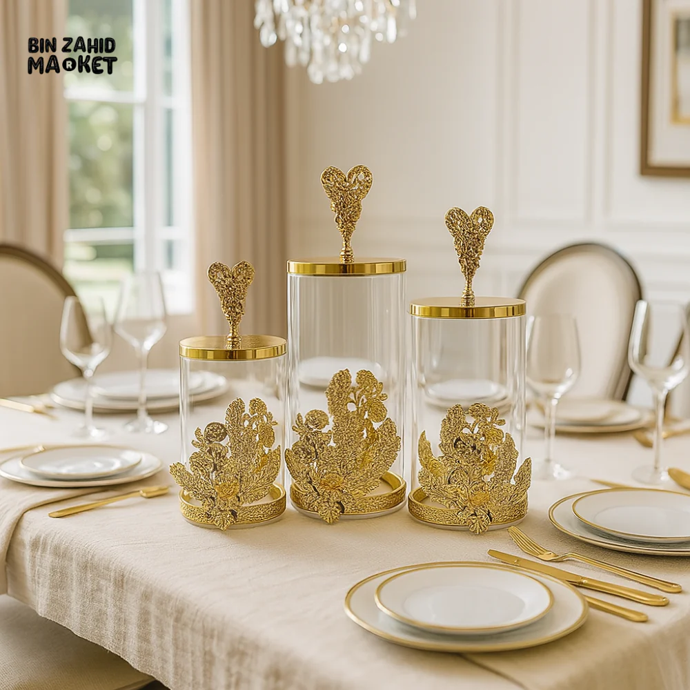 LUXURY GOLD PLATED GLASS JAR SET FOR DINING TABLE DECOR – VILLA STYLE CENTERPIECE