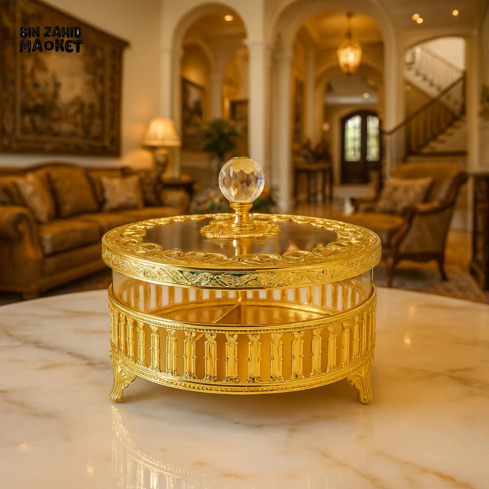 LUXURY GOLD ROUND DRY FRUIT  BOX WITH GLASS LID AND CRYSTAL KNOB - HY8070R-S