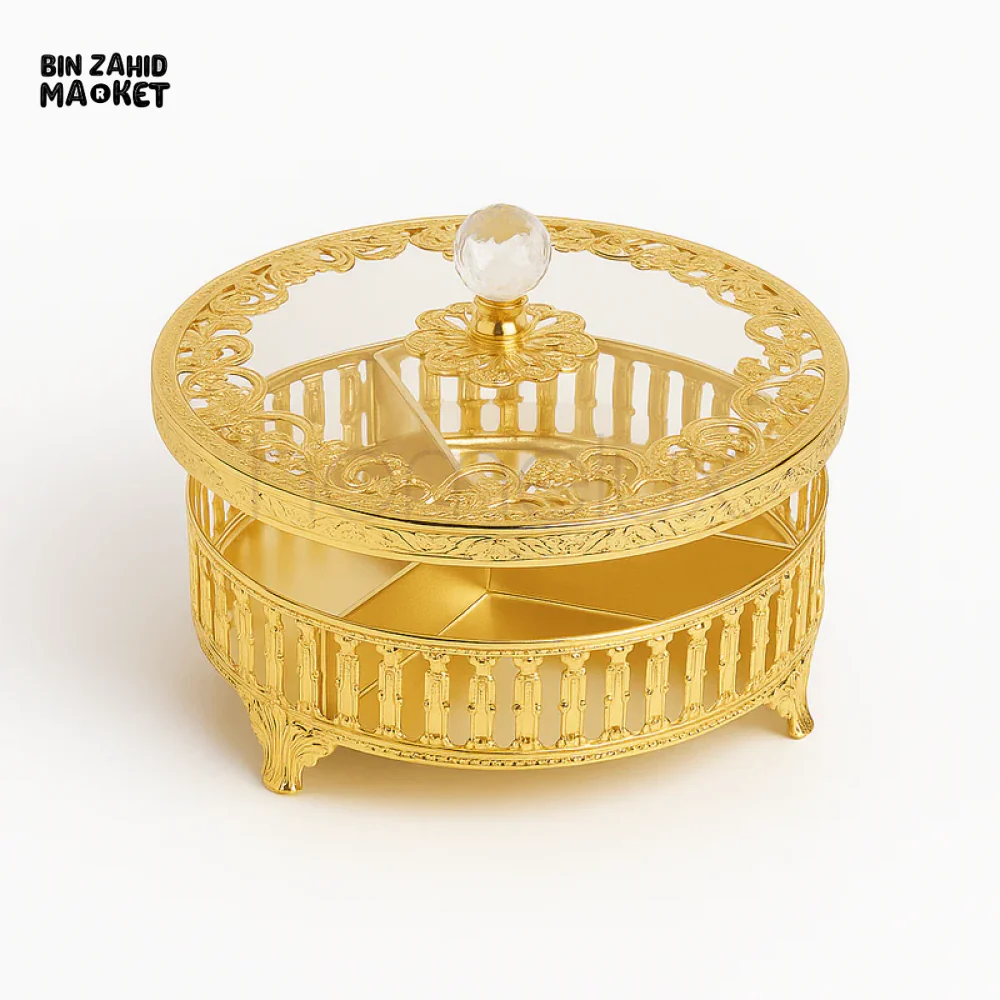 LUXURY GOLD ROUND DRY FRUIT  BOX WITH GLASS LID AND CRYSTAL KNOB - HY8070R-S - Image 2