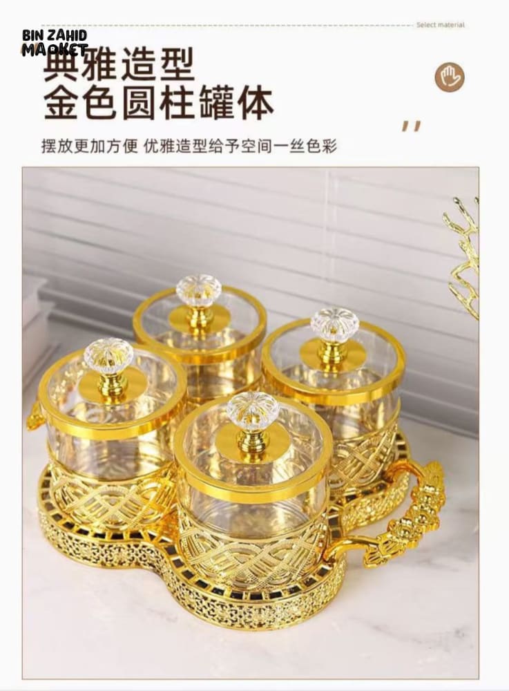 LUXURY GOLD SPICE JAR SET – 4-PIECE CRYSTAL CONTAINER SET WITH DECORATIVE SERVING TRAY - Image 2