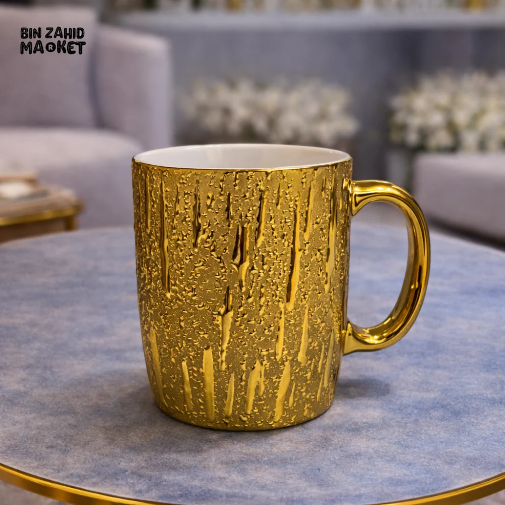 LUXURY GOLD TEXTURED COFFEE MUG WITH GLOSSY HANDLE – ELEGANT CERAMIC TEA CUP FOR HOME & GIFT