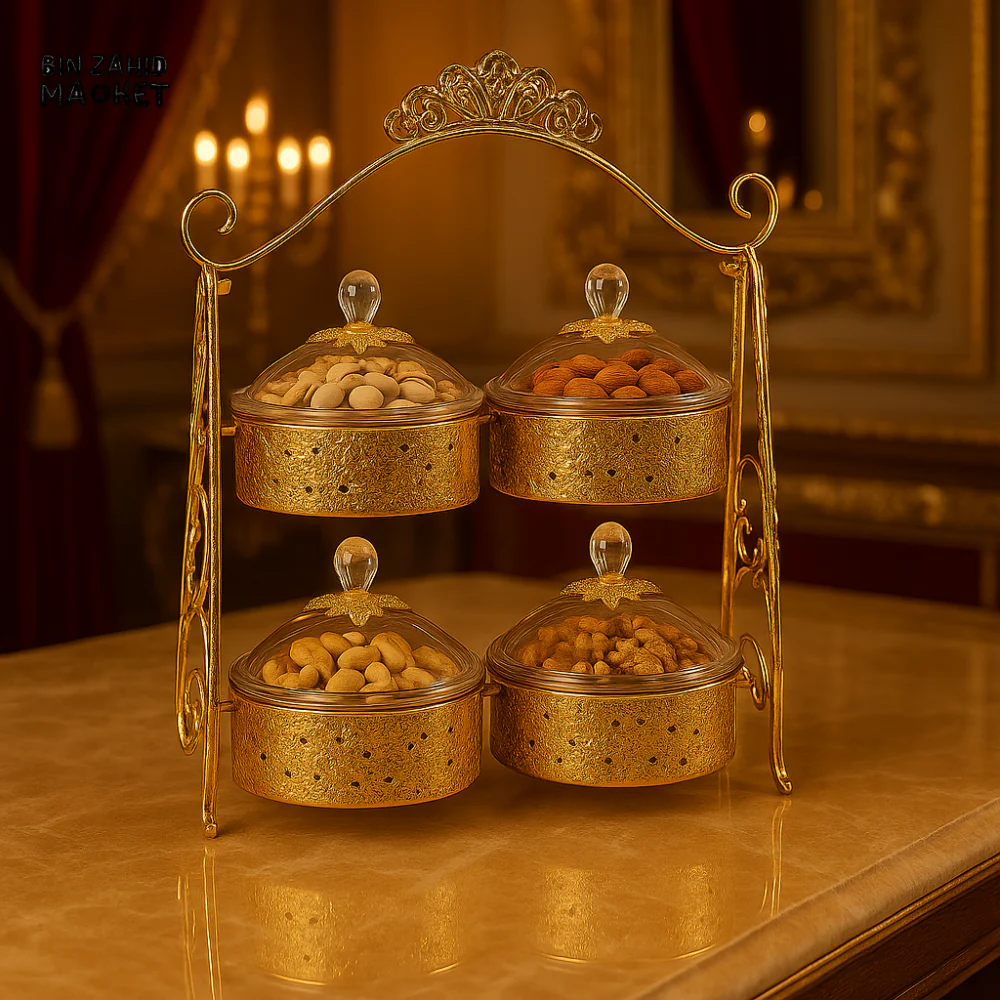 LUXURY GOLDEN DRY FRUIT CONTAINER SET WITH CRYSTAL LIDS – 4 PCS DECORATIVE SERVING BOX WITH STAND DFG02