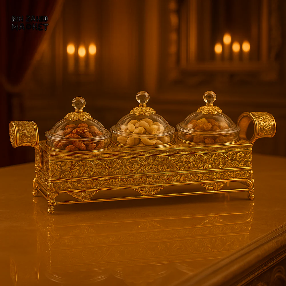 LUXURY GOLDEN DRY FRUIT TRAY SET – 3 CRYSTAL LID CONTAINERS WITH ORNATE HANDLED BASE DFG01