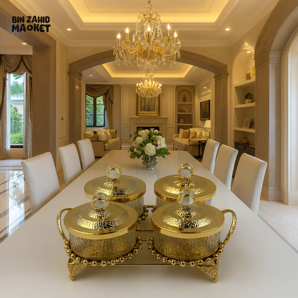 LUXURY GOLDEN GLASS JAR SET WITH CRYSTAL LIDS & ORNATE STAND – ELEGANT VILLA DECOR - 4 CONDIMENT F3893