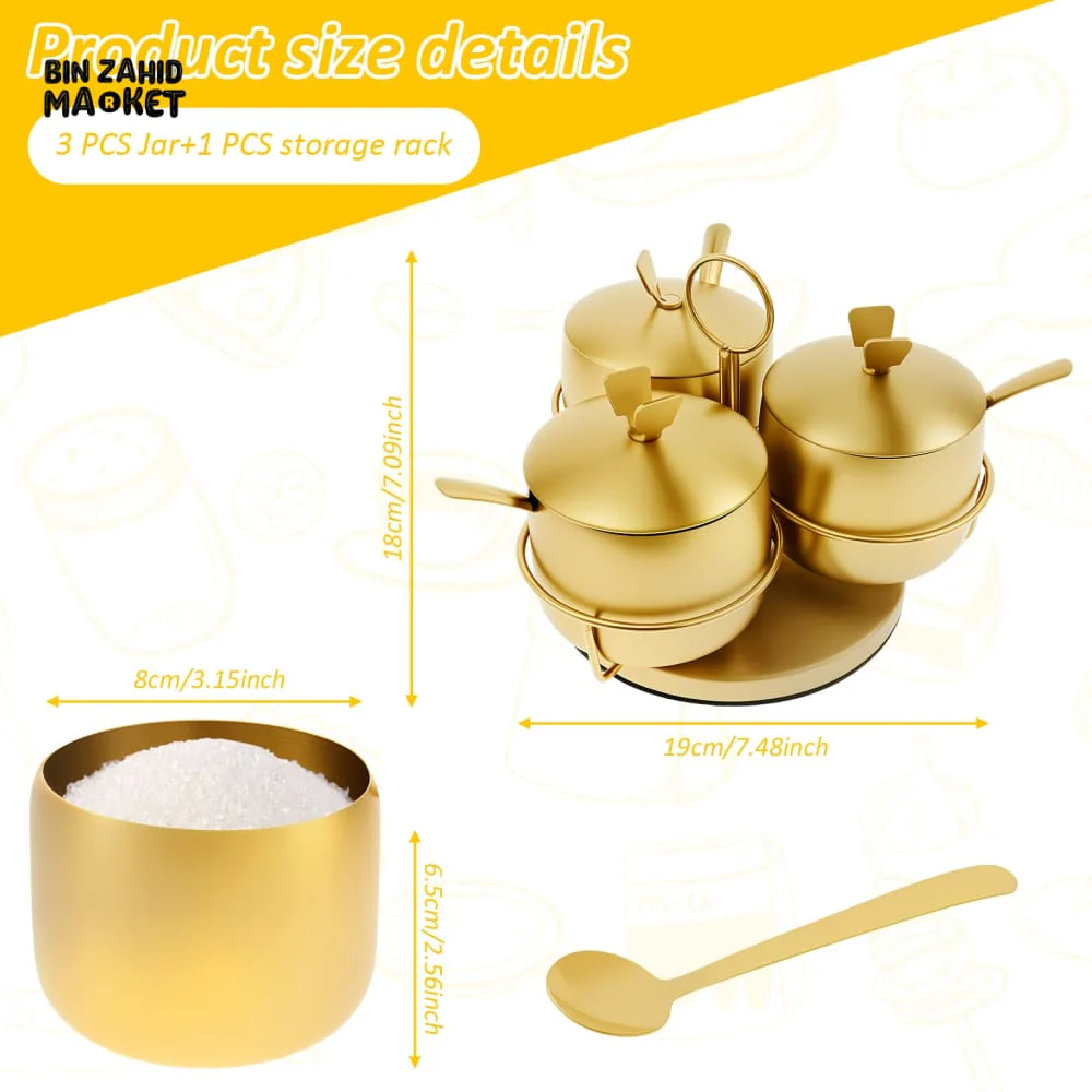 LUXURY GOLDEN STAINLESS STEEL SPICE & SUGAR CONTAINER WITH LID & SPOON – ROTATING SALT CELLAR & SEASONING JAR - Image 5