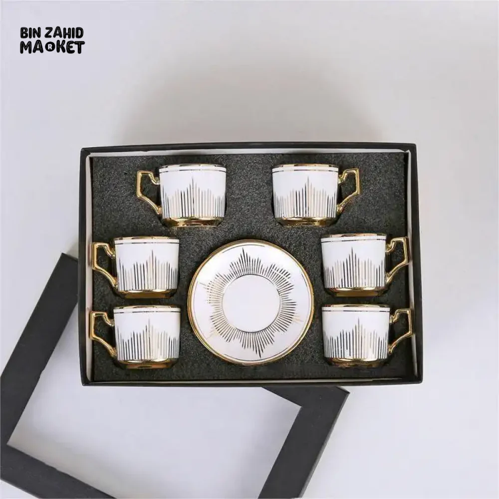 LUXURY GOLDEN STRIPE DESIGN TEA CUP & SAUCER SET –  12 PIECES ELEGANT PORCELAIN COFFEE MUG SET WITH GOLD HANDLES & MATCHING SAUCERS