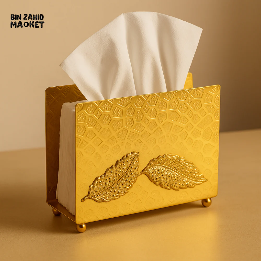 LUXURY GOLDEN TISSUE HOLDER – EMBOSSED LEAF DESIGN | ELEGANT TABLETOP DECOR THO1 - Image 2