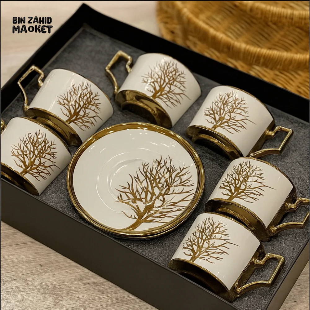 LUXURY GOLDEN TREE DESIGN TEA CUP & SAUCER SET – 12 PIECES ELEGANT PORCELAIN COFFEE MUG SET WITH HANDLE & SAUCERS FOR HOME & GIFTING