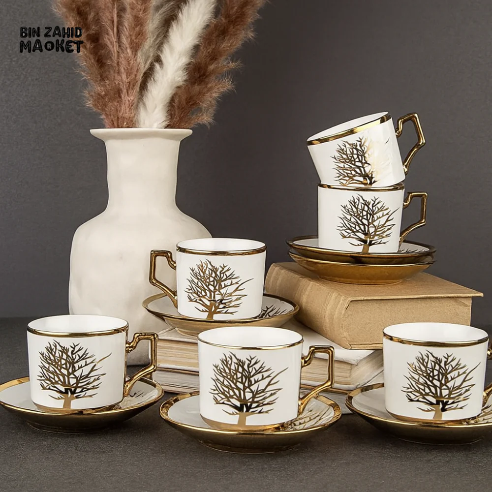 LUXURY GOLDEN TREE DESIGN TEA CUP & SAUCER SET – 12 PIECES ELEGANT PORCELAIN COFFEE MUG SET WITH HANDLE & SAUCERS FOR HOME & GIFTING - Image 2
