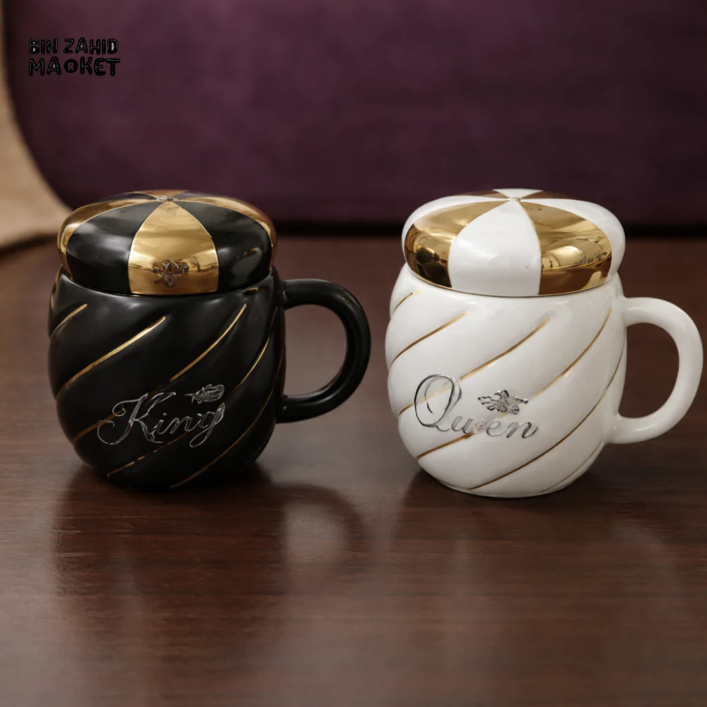 LUXURY KING & QUEEN CERAMIC MUG SET WITH GOLD LID – PREMIUM COUPLE CUPS