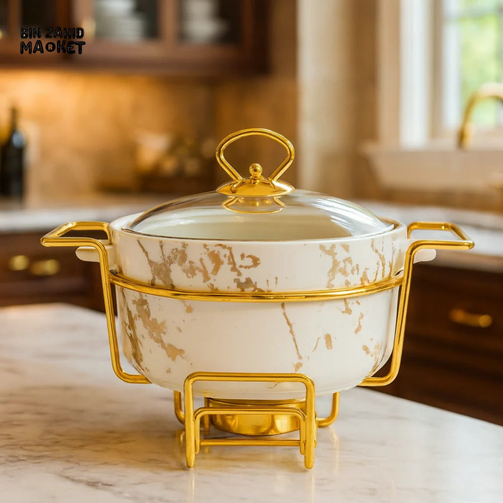 LUXURY MARBLE 9.25CM ROUND CASSEROLE WARMER WITH GOLDEN FRAME - WHITE MARBLE