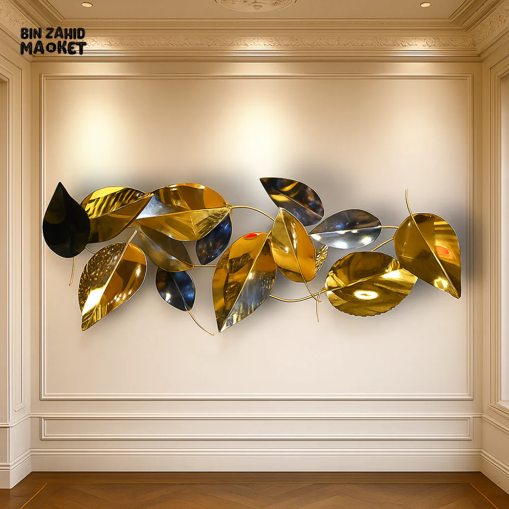 LUXURY METAL WALL ART – BLACK & GOLD POLISHED LEAF SCULPTURE FOR VILLA INTERIORS