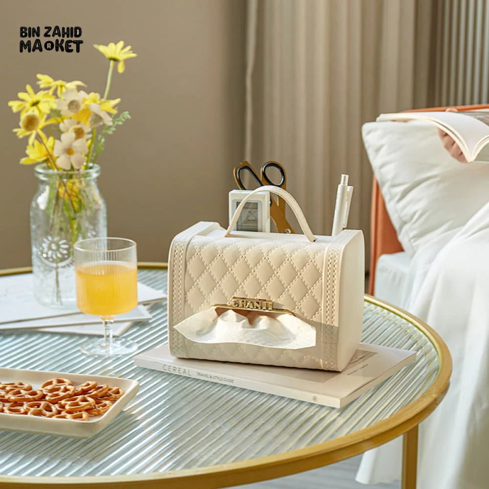 LUXURY QUILTED TISSUE BOX WITH HANDLE – ELEGANT TABLETOP ORGANIZER FOR VILLA INTERIORS