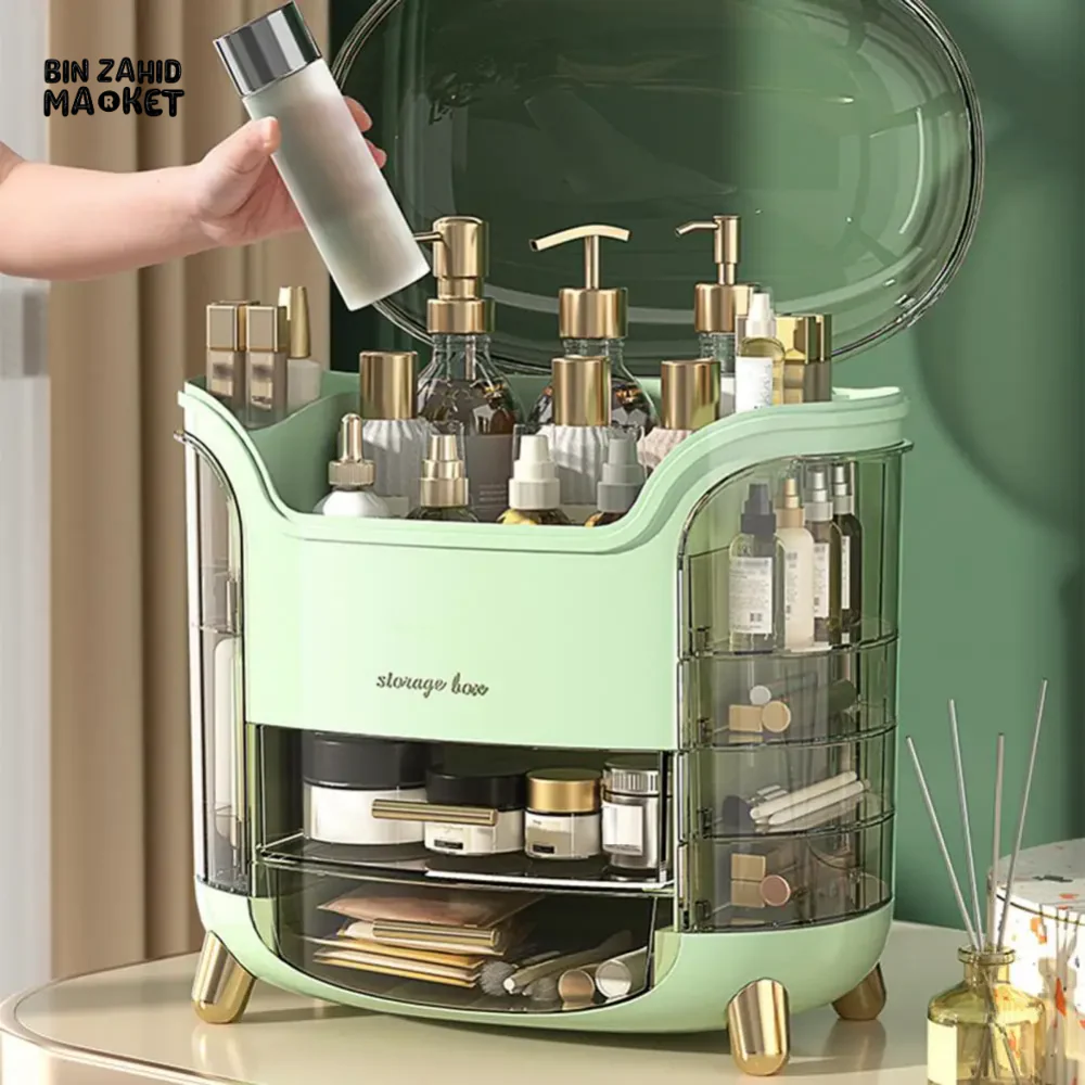 LUXURY ROTATING COSMETIC ORGANIZER 360° MAKEUP STORAGE BOX MOISTURE-PROOF & STABLE - GREEN - Image 2