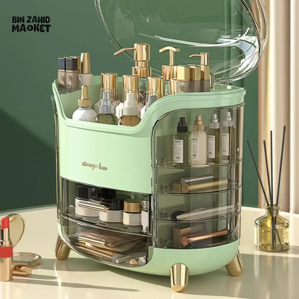 LUXURY ROTATING COSMETIC ORGANIZER 360° MAKEUP STORAGE BOX MOISTURE-PROOF & STABLE - GREEN - Image 3