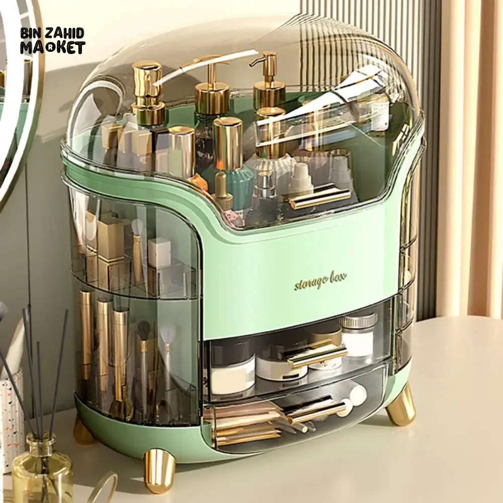 LUXURY ROTATING COSMETIC ORGANIZER 360° MAKEUP STORAGE BOX MOISTURE-PROOF & STABLE - GREEN - Image 4