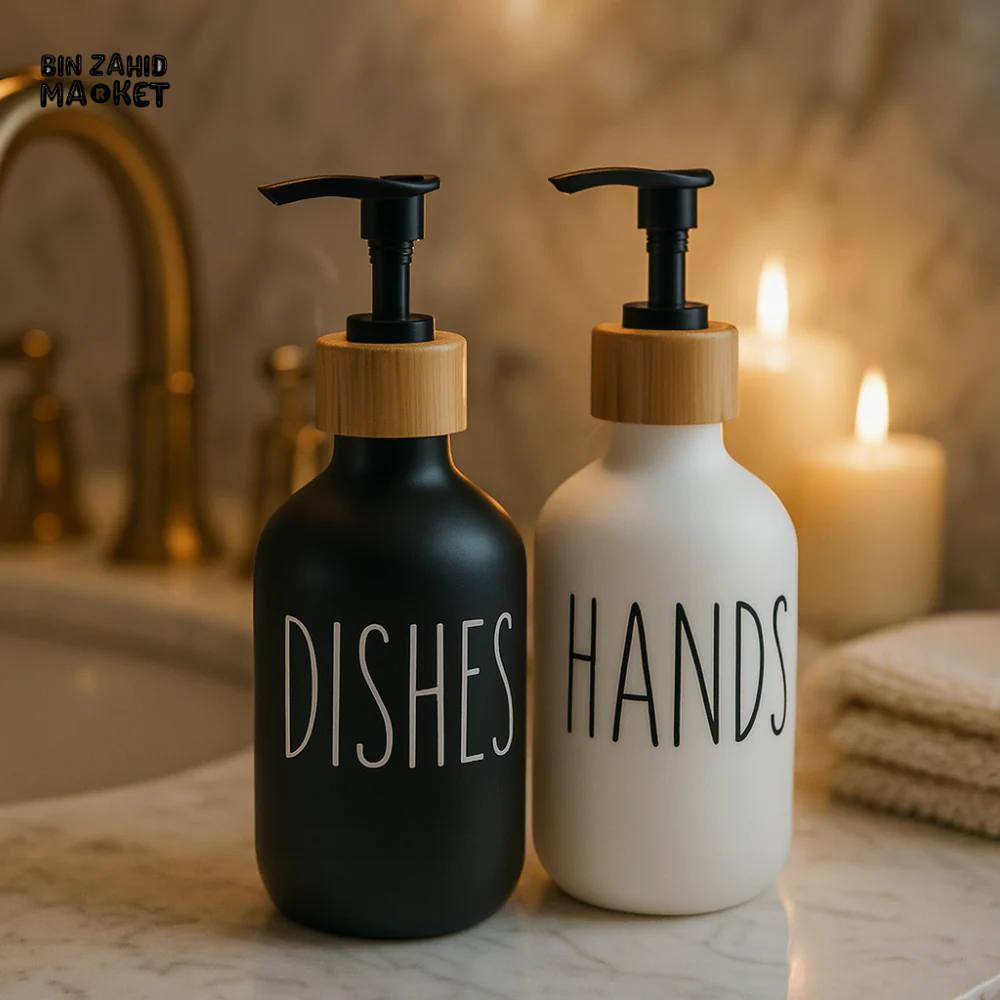 LUXURY SOAP DISPENSER SET 2-PACK – MATTE BLACK & WHITE WITH BAMBOO ACCENT, REFILLABLE PUMPS