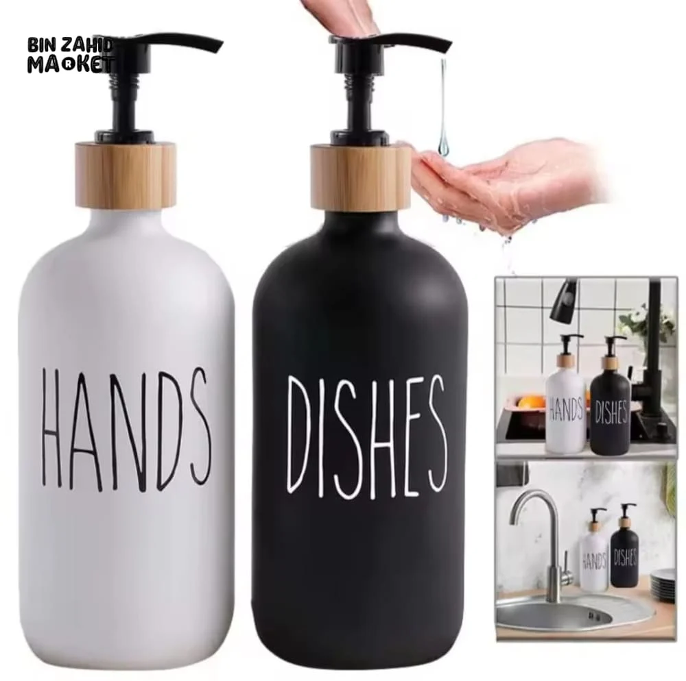 LUXURY SOAP DISPENSER SET 2-PACK – MATTE BLACK & WHITE WITH BAMBOO ACCENT, REFILLABLE PUMPS - Image 2