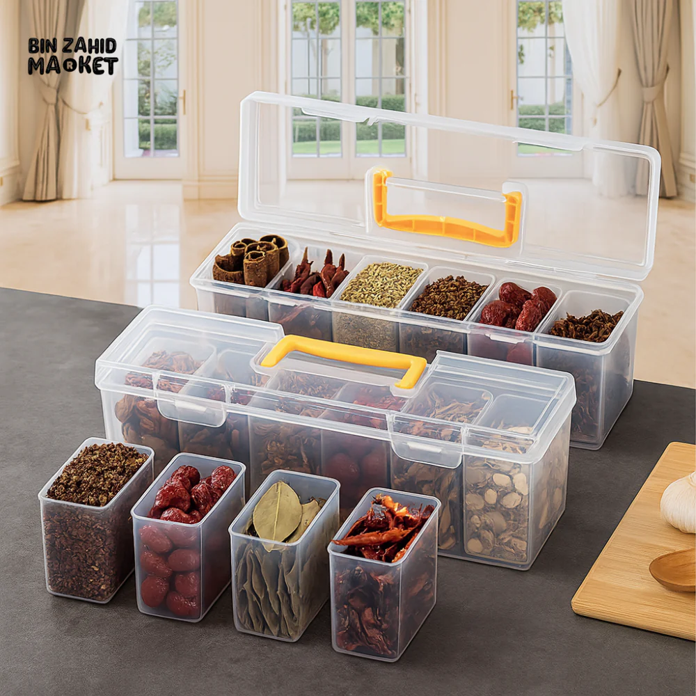 LUXURY SPICE STORAGE BOX WITH LID – TRANSPARENT ORGANIZER FOR KITCHEN HERBS & DRY ITEMS
