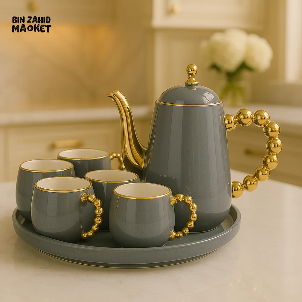 LUXURY TEA SET WITH GOLD ACCENTS  6 PIECE ELEGANT SERVING SET FOR VILLA KITCHEN DECOR - GRAY