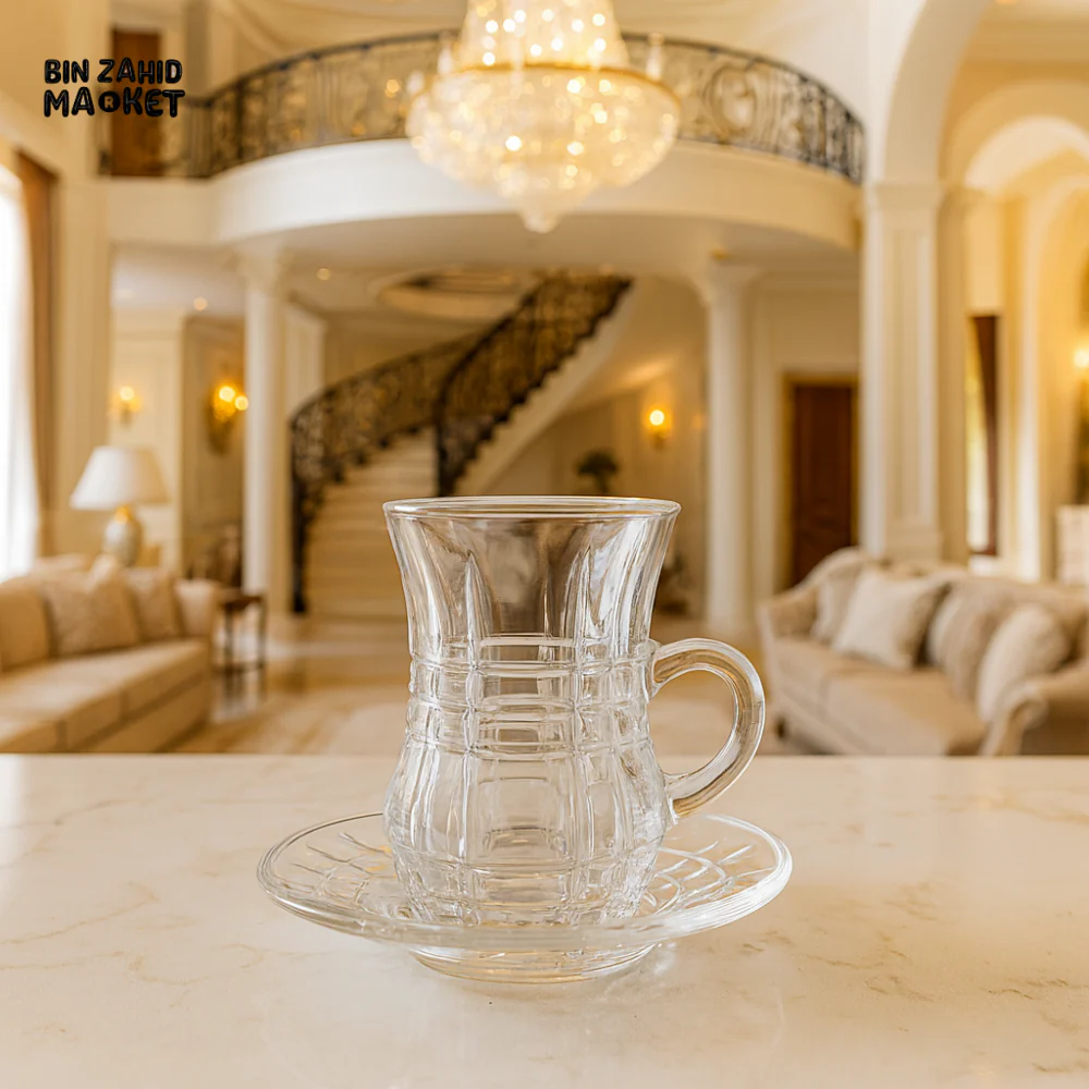 LUXURY TURKISH TEA CUP WITH SAUCER 6 PIECE 130ML – CRYSTAL GLASS SET FOR VILLA DINING ELEGANCE - TCF420B/L12
