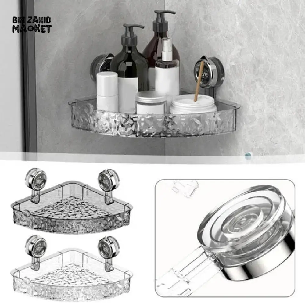 LUXURY VILLA BATHROOM CORNER SHELF ORGANIZER – SUCTION WALL MOUNTED ACRYLIC RACK - Image 2