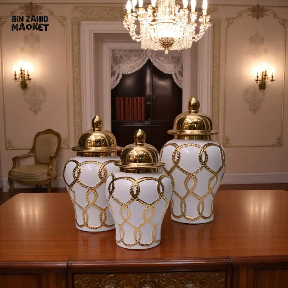 LUXURY WHITE & GOLD CERAMIC JAR – ROPE CHAIN DESIGN WITH SHINY GOLD LID