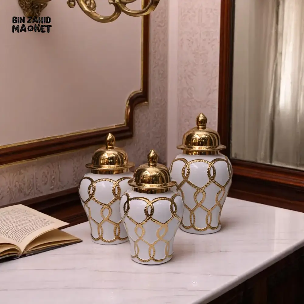LUXURY WHITE & GOLD CERAMIC JAR – ROPE CHAIN DESIGN WITH SHINY GOLD LID - Image 3