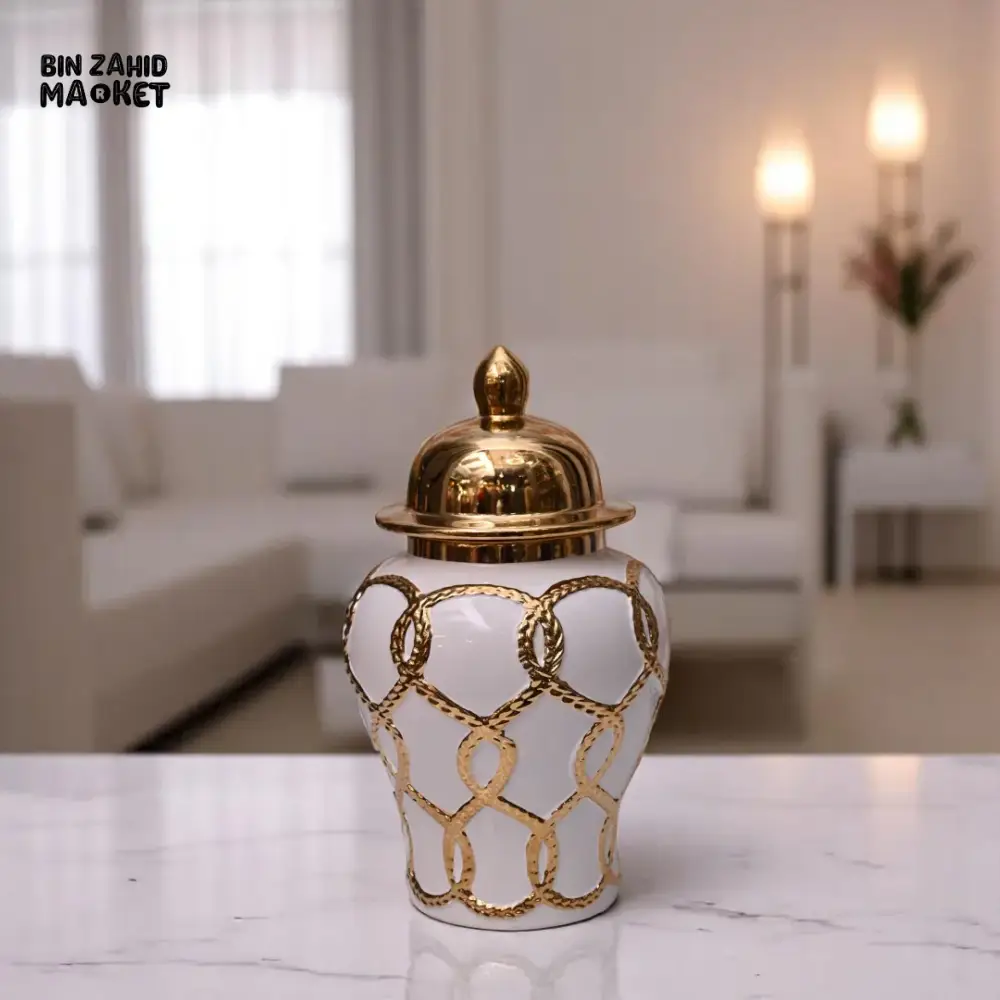 LUXURY WHITE & GOLD CERAMIC JAR – ROPE CHAIN DESIGN WITH SHINY GOLD LID - Image 4