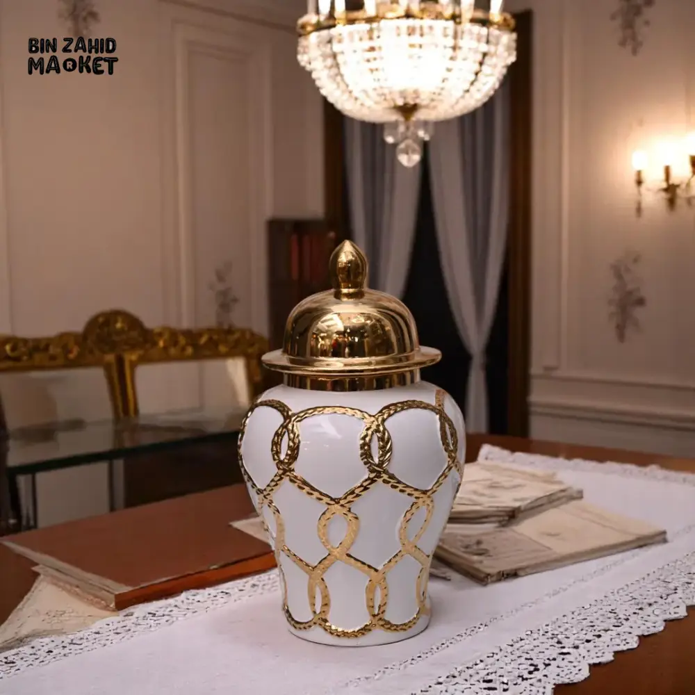 LUXURY WHITE & GOLD CERAMIC JAR – ROPE CHAIN DESIGN WITH SHINY GOLD LID - Image 5