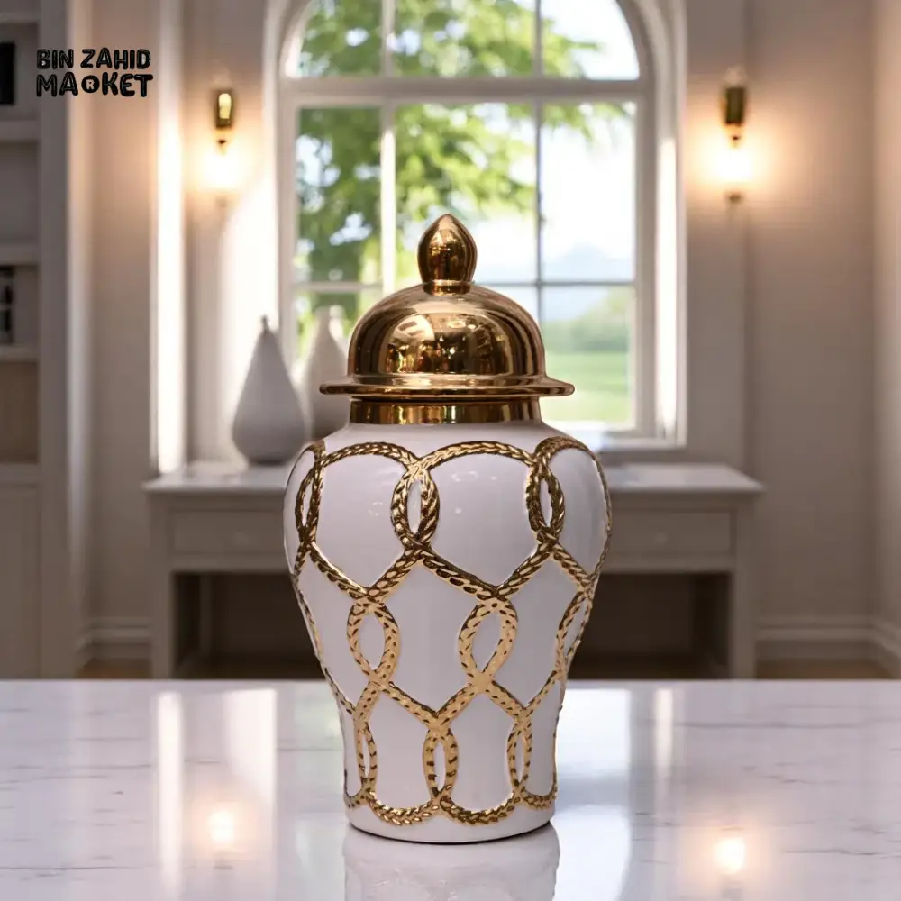 LUXURY WHITE & GOLD CERAMIC JAR – ROPE CHAIN DESIGN WITH SHINY GOLD LID - Image 6