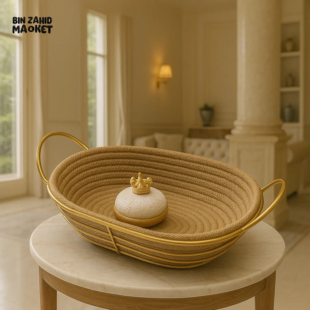 LUXURY WOVEN ROPE BASKET WITH GOLD HANDLES – ELEGANT STORAGE & SERVING TRAY - OVAL STM-002