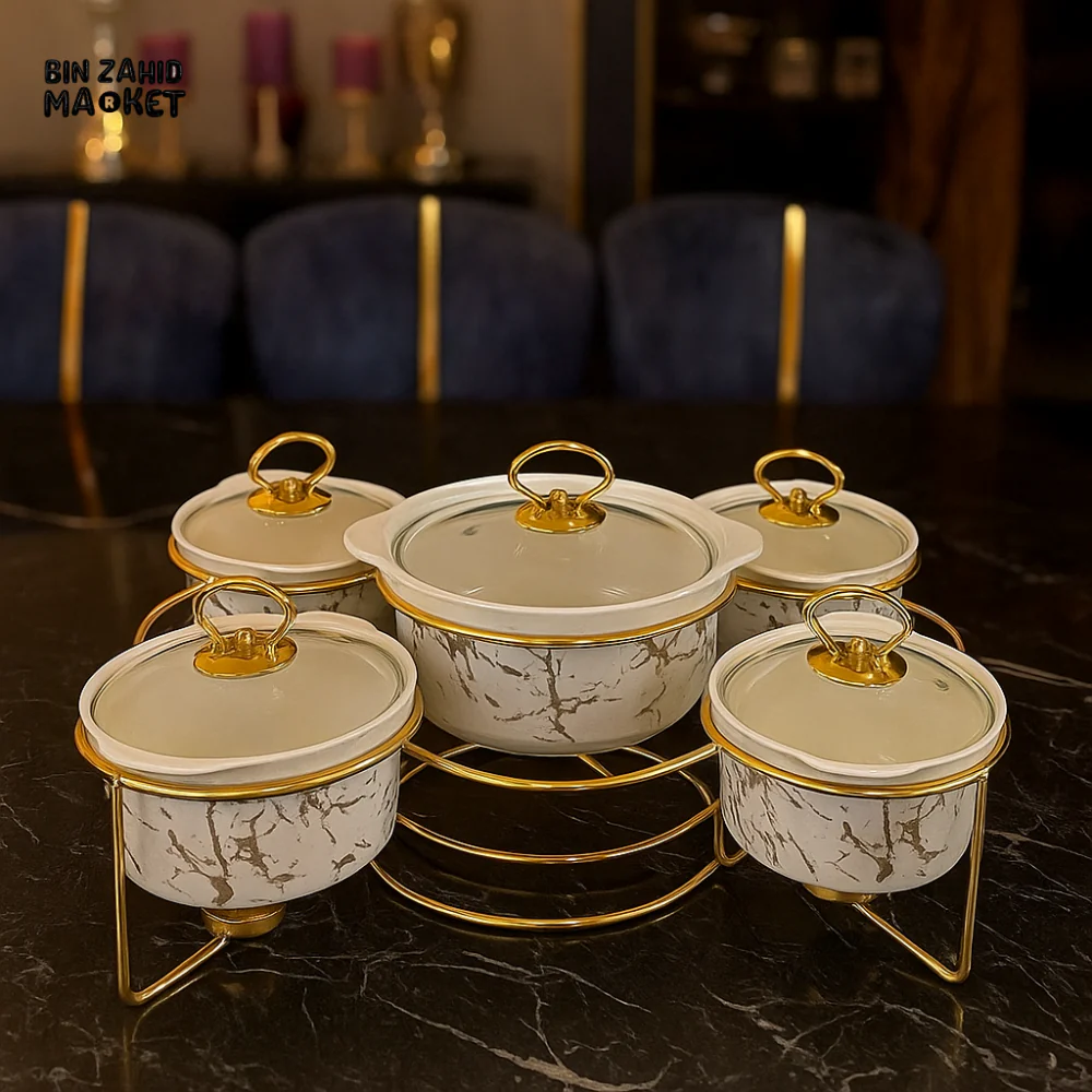 MARBLE CERAMIC 5-PIECE ROUND WARMER SET WITH GLASS LIDS & GOLD FRAME - WHITE MARBLE
