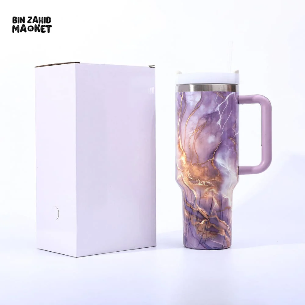 MARBLE TEXTURE TUMBLER 40 OZ– PREMIUM STAINLESS STEEL VACUUM INSULATED TRAVEL CUP WITH HANDLE FOR HOT & COLD DRINKS - PURPLE - Image 2