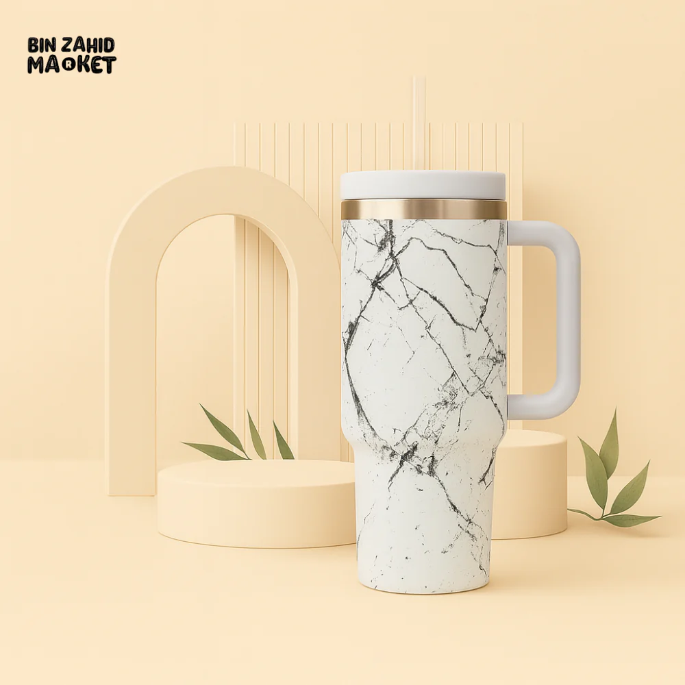MARBLE TEXTURE TUMBLER 40 OZ– PREMIUM STAINLESS STEEL VACUUM INSULATED TRAVEL CUP WITH HANDLE FOR HOT & COLD DRINKS - WHITE
