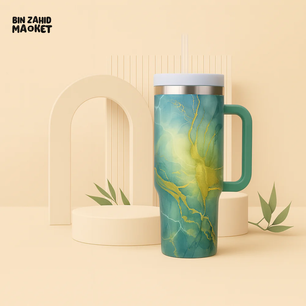 MARBLE TEXTURE TUMBLER 40 OZ– PREMIUM STAINLESS STEEL VACUUM INSULATED TRAVEL CUP WITH HANDLE FOR HOT & COLD DRINKS - WHITE - Image 2