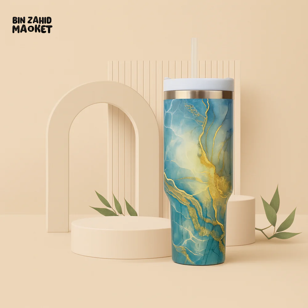 MARBLE TEXTURE TUMBLER 40 OZ– PREMIUM STAINLESS STEEL VACUUM INSULATED TRAVEL CUP WITH HANDLE FOR HOT & COLD DRINKS - WHITE - Image 3