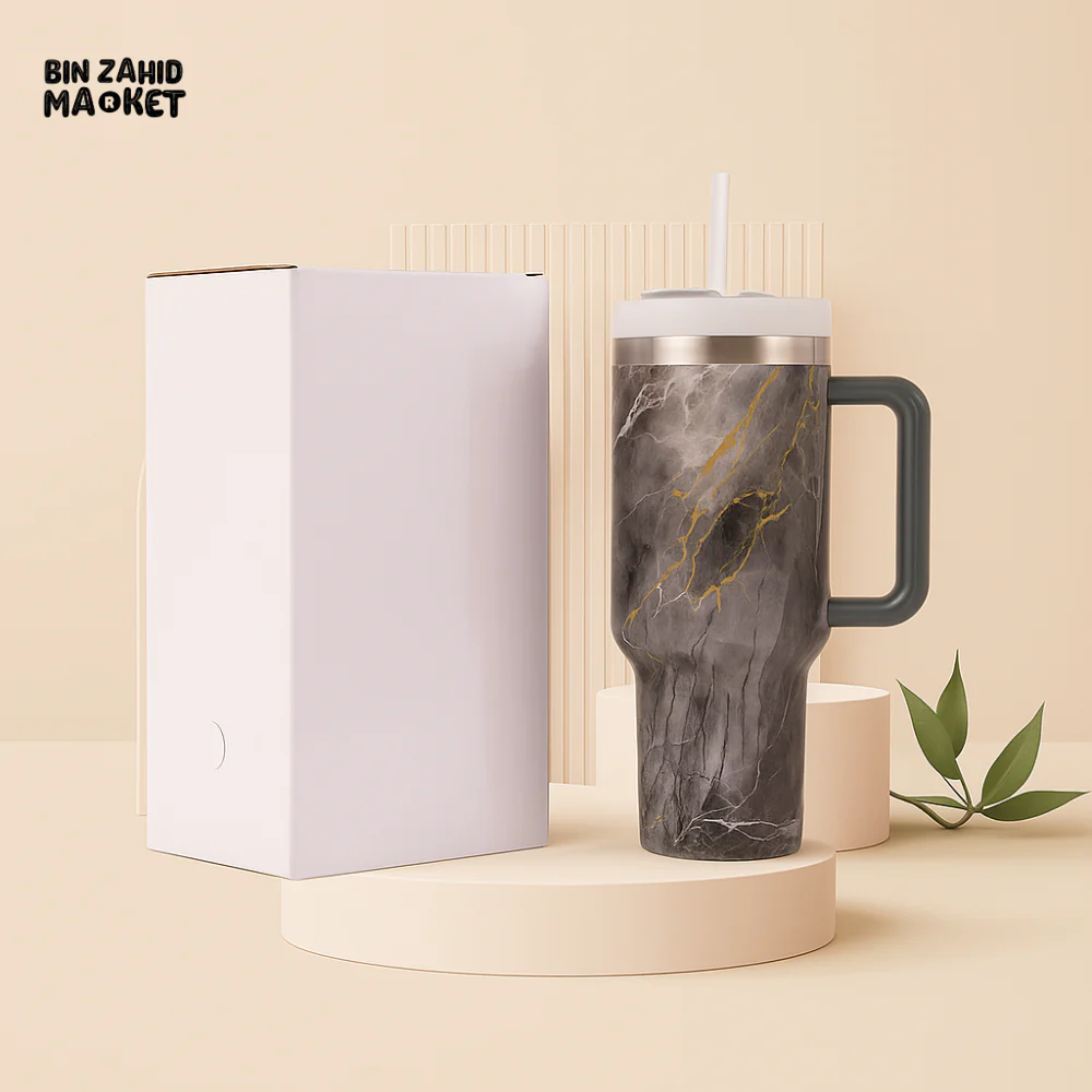 MARBLE TEXTURE TUMBLER 40 OZ– PREMIUM STAINLESS STEEL VACUUM INSULATED TRAVEL CUP WITH HANDLE FOR HOT & COLD DRINKS - WHITE - Image 4