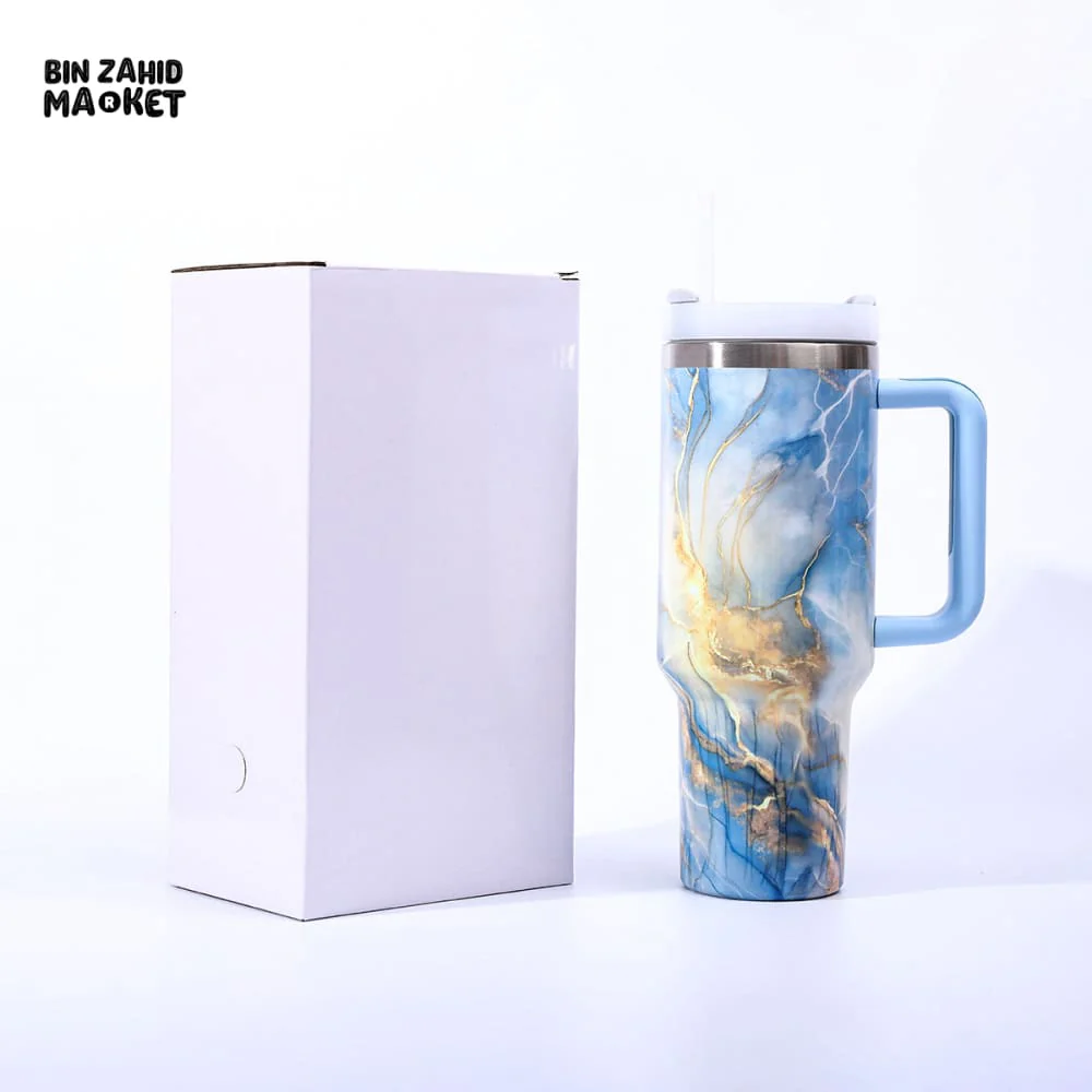MARBLE TEXTURE TUMBLER 40 OZ– PREMIUM STAINLESS STEEL VACUUM INSULATED TRAVEL CUP WITH HANDLE FOR HOT & COLD DRINKS - WHITE - Image 5