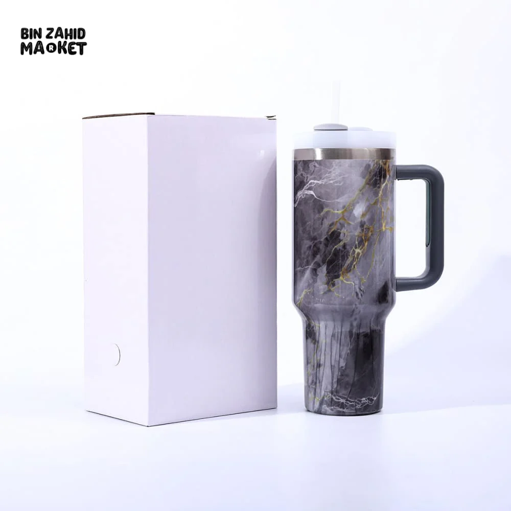 MARBLE TEXTURE TUMBLER 40 OZ– PREMIUM STAINLESS STEEL VACUUM INSULATED TRAVEL CUP WITH HANDLE FOR HOT & COLD DRINKS - WHITE - Image 7