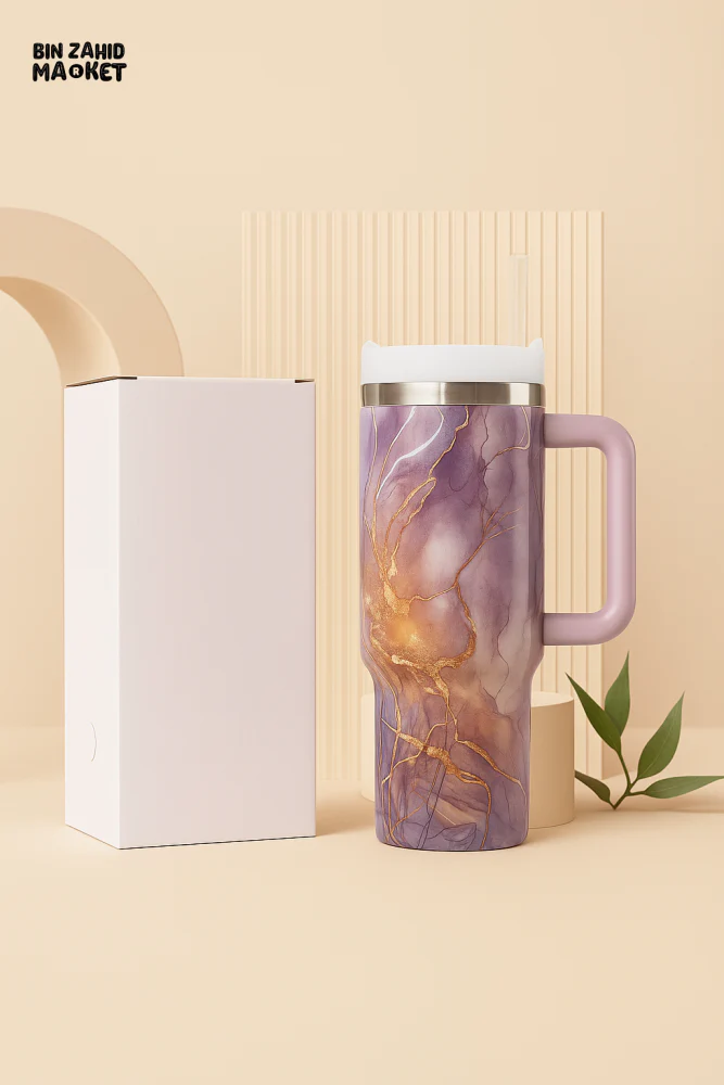 MARBLE TEXTURE TUMBLER 40 OZ– PREMIUM STAINLESS STEEL VACUUM INSULATED TRAVEL CUP WITH HANDLE FOR HOT & COLD DRINKS - WHITE - Image 9
