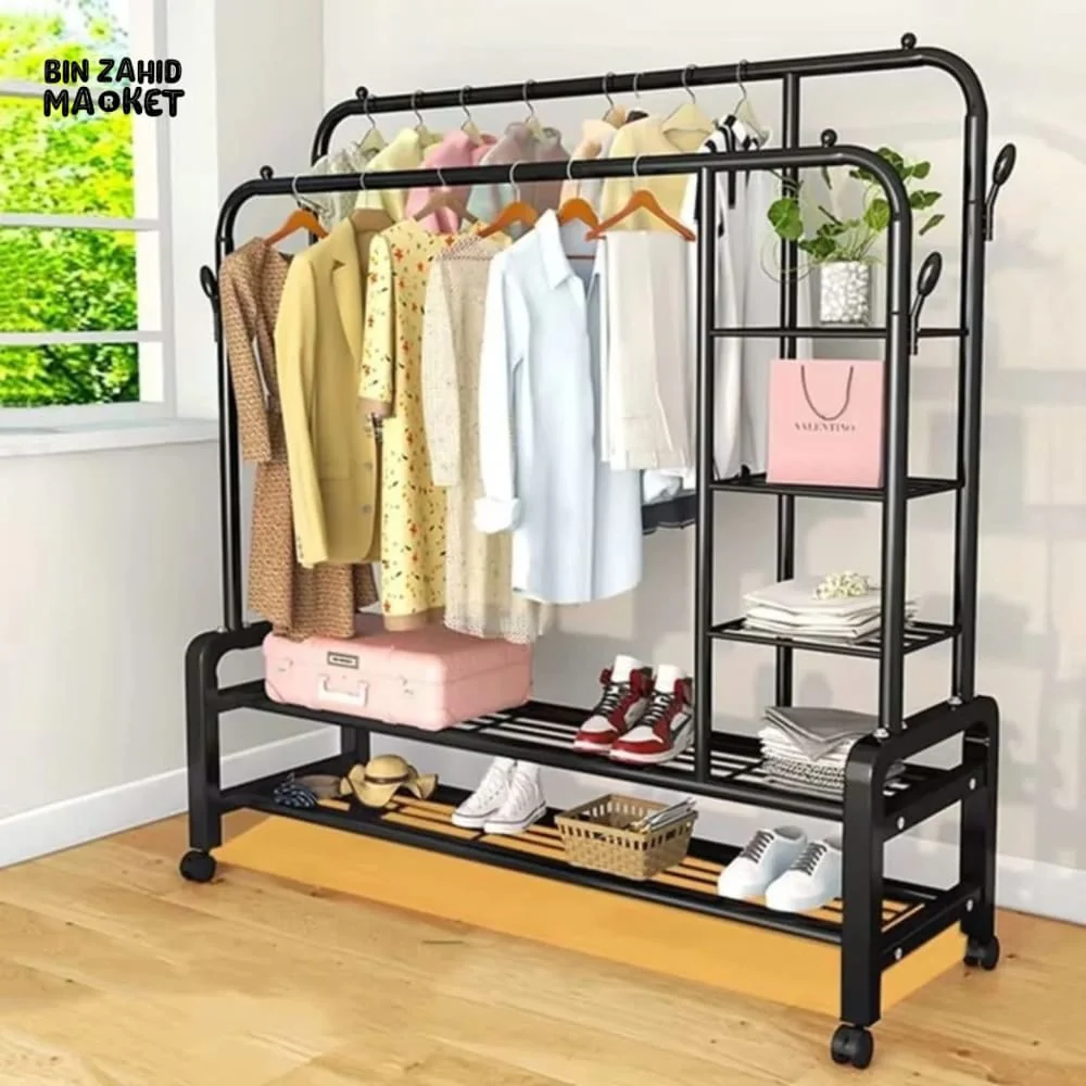 CLOTHES RACK DUAL POLE MOVABLE WARDROBE STAND WITH SHELVES & COAT STORAGE - Image 2
