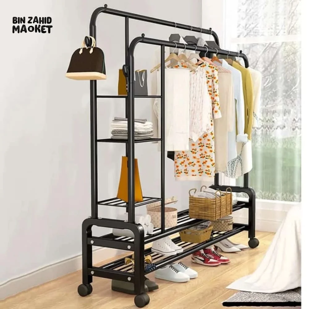 CLOTHES RACK DUAL POLE MOVABLE WARDROBE STAND WITH SHELVES & COAT STORAGE - Image 3