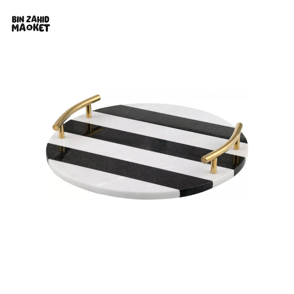 MODERN B&W MARBLE GRANITE TRAY WITH GOLD HANDLE - Image 2