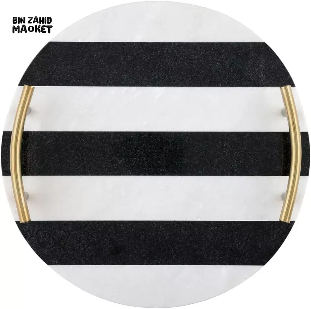 MODERN B&W MARBLE GRANITE TRAY WITH GOLD HANDLE - Image 4