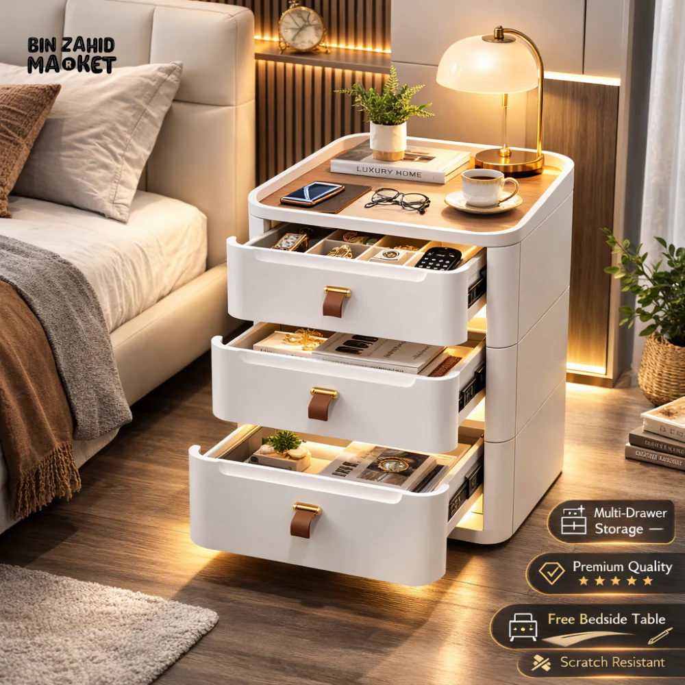 MODERN BEDSIDE TABLE WITH MULTIPLE DRAWERS – SPACE-SAVING BEDROOM STORAGE CABINET - 54CM - Image 3