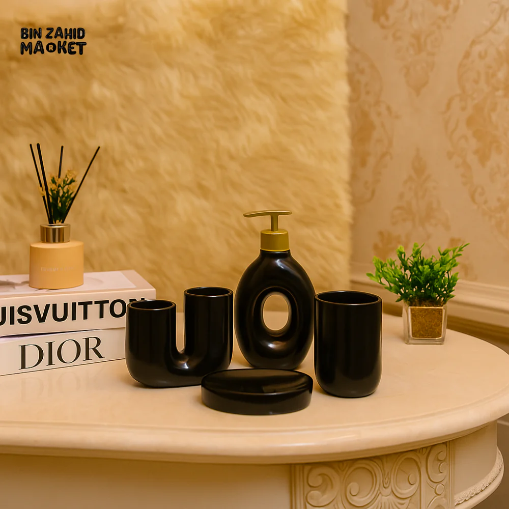 MODERN CERAMIC BATHROOM ACCESSORIES SET - BLACK WITH GOLD PUMP